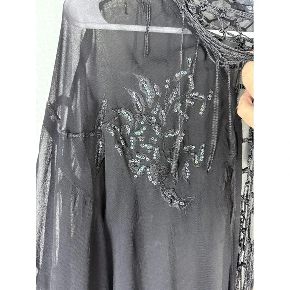 Black Sheer Sequin Beaded Fringe Kimono Jacket Open Front Festival Cover Up - Picture 5 of 6
